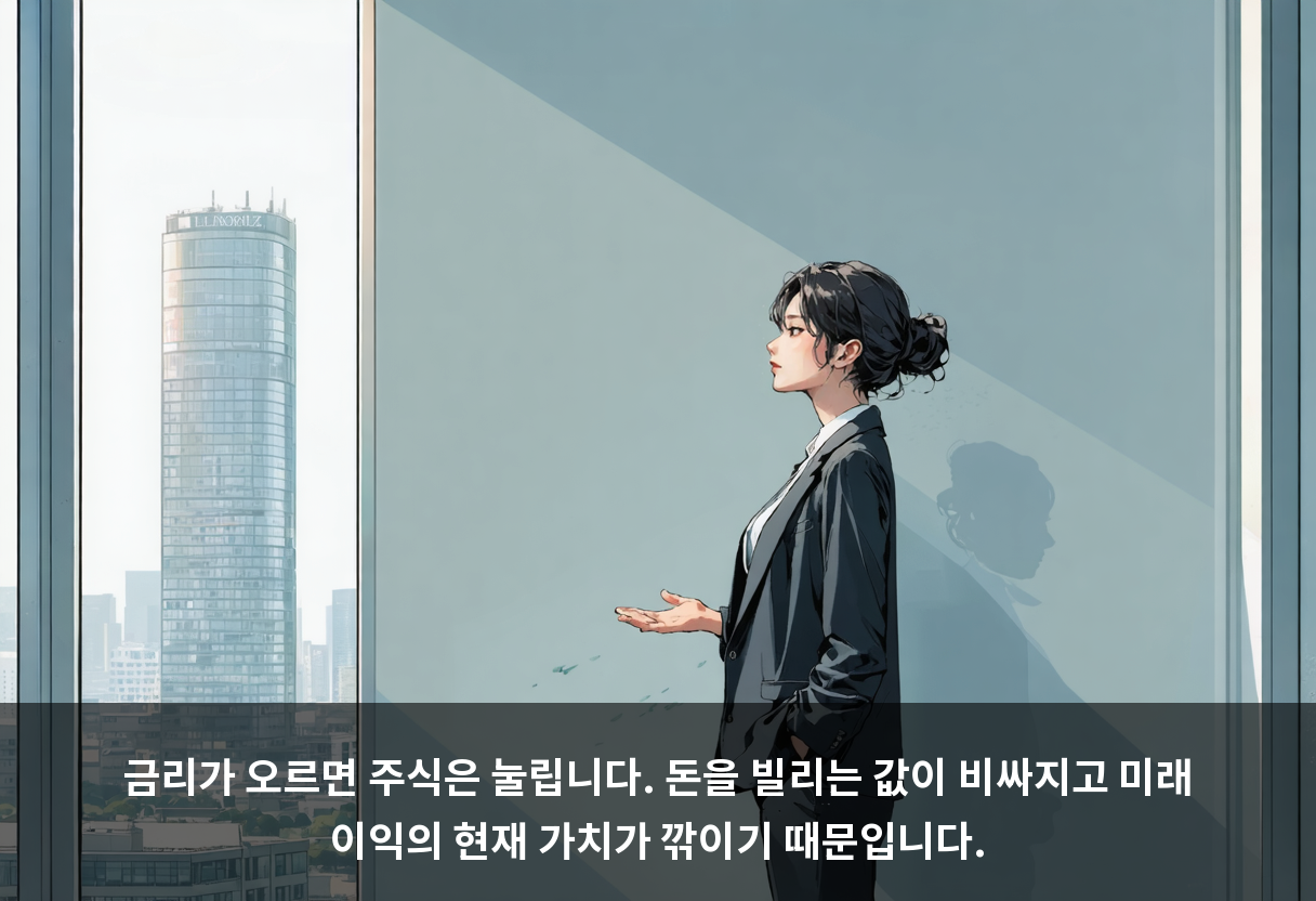 금리가 오르면 주식은 눌립니다. 돈을 빌리는 값이 비싸지고 미래 이익의 현재 가치가 깎이기 때문입니다.