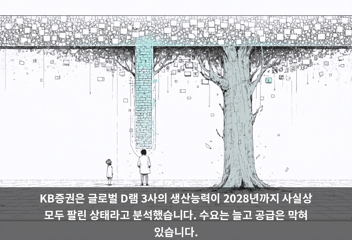 KB증권은 글로벌 D램 3사의 생산능력이 2028년까지 사실상 모두 팔린 상태라고 분석했습니다. 수요는 늘고 공급은 막혀 있습니다.