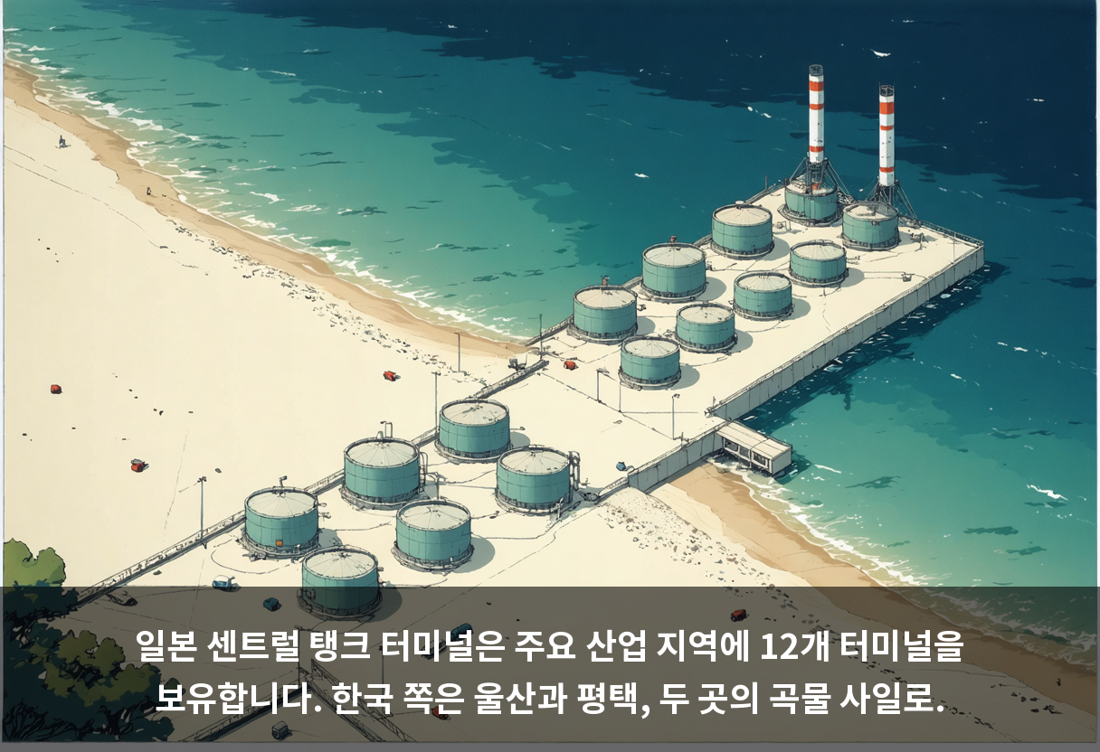 일본 센트럴 탱크 터미널은 주요 산업 지역에 12개 터미널을 보유합니다. 한국 쪽은 울산과 평택, 두 곳의 곡물 사일로.