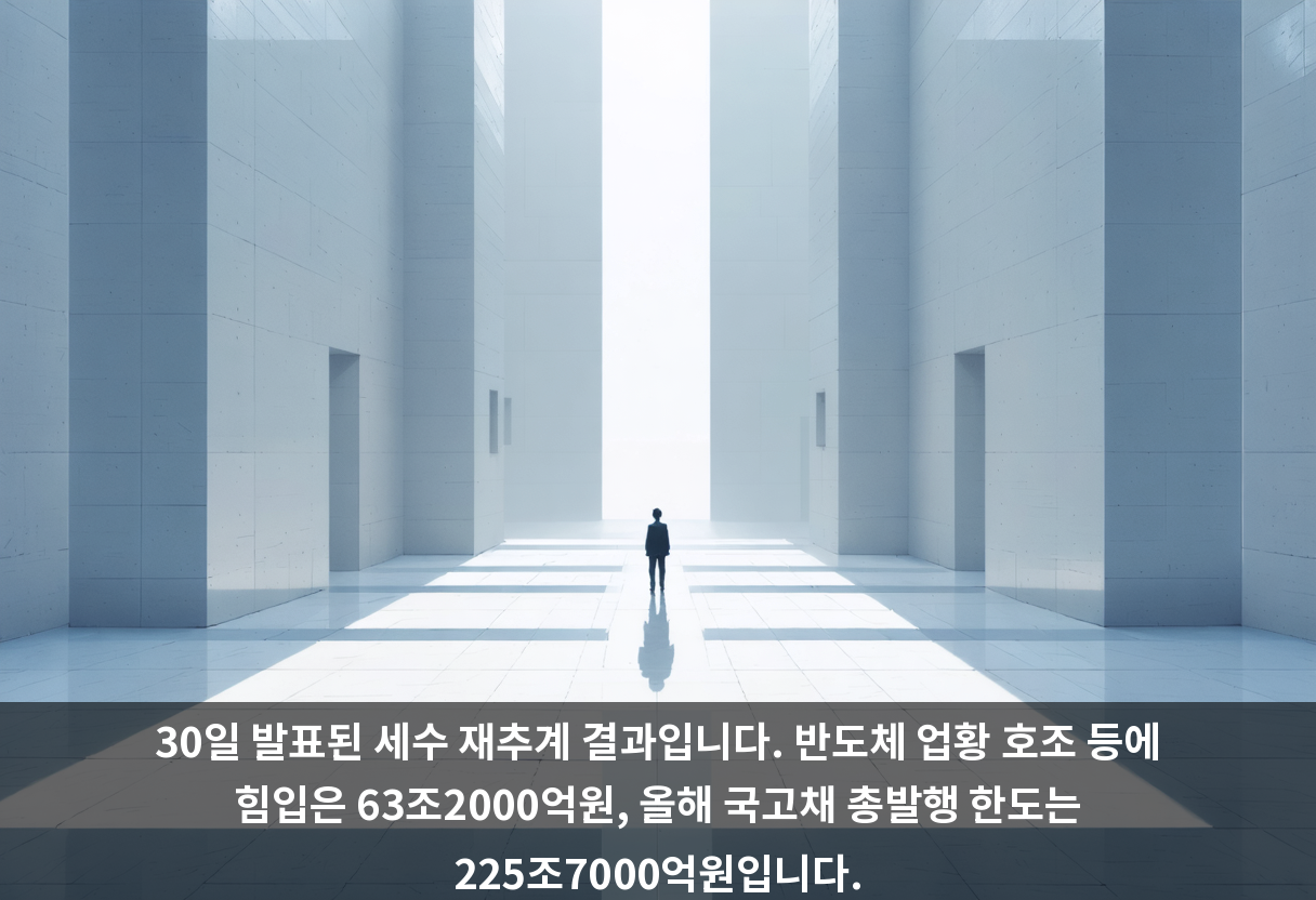 30일 발표된 세수 재추계 결과입니다. 반도체 업황 호조 등에 힘입은 63조2000억원, 올해 국고채 총발행 한도는 225조7000억원입니다.