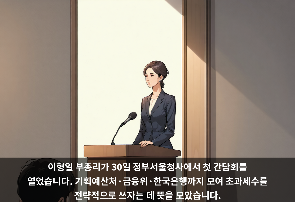 이형일 부총리가 30일 정부서울청사에서 첫 간담회를 열었습니다. 기획예산처·금융위·한국은행까지 모여 초과세수를 전략적으로 쓰자는 데 뜻을 모았습니다.