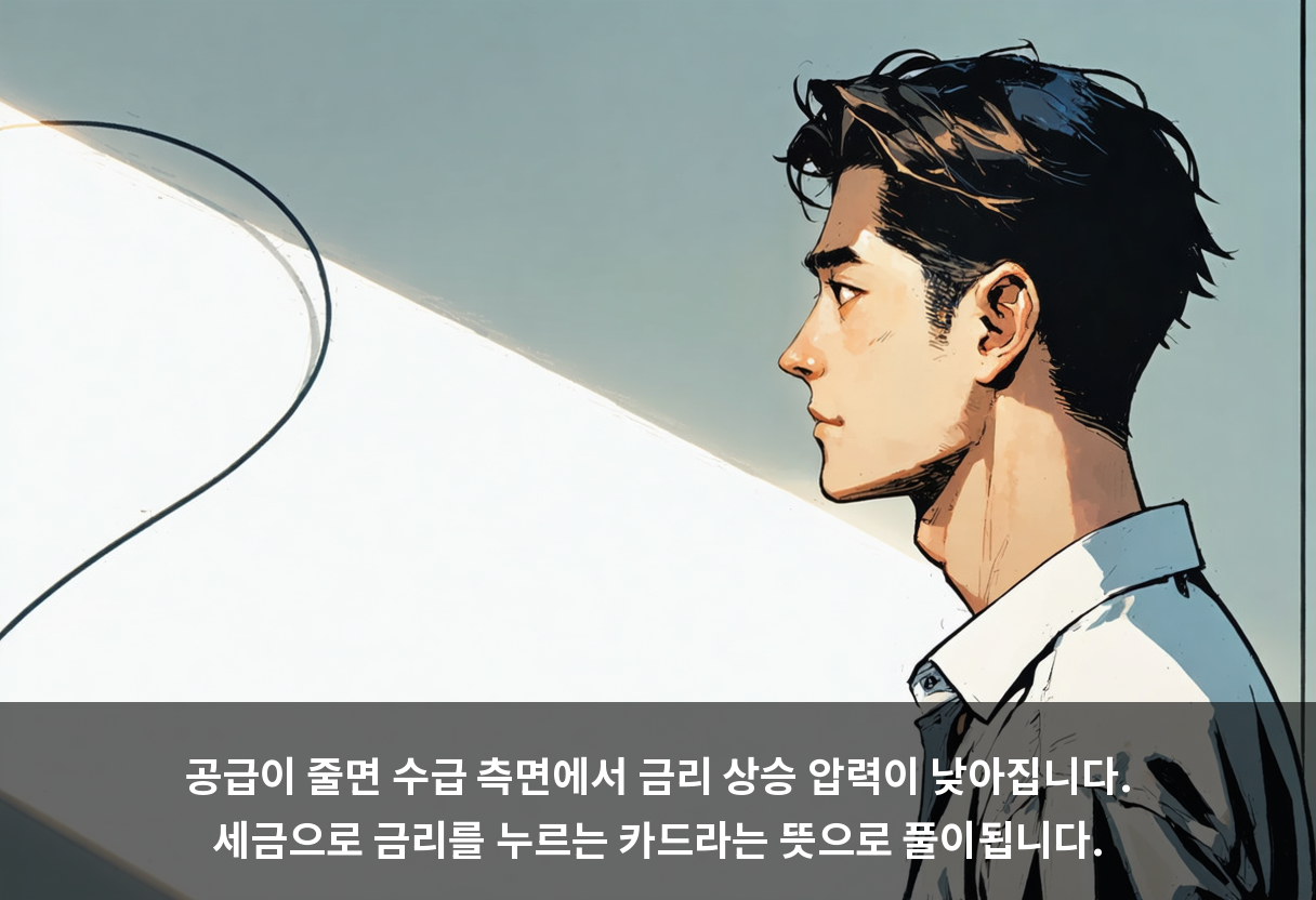 공급이 줄면 수급 측면에서 금리 상승 압력이 낮아집니다. 세금으로 금리를 누르는 카드라는 뜻으로 풀이됩니다.