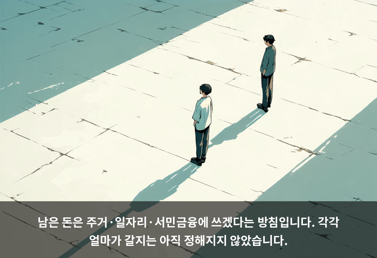 남은 돈은 주거·일자리·서민금융에 쓰겠다는 방침입니다. 각각 얼마가 갈지는 아직 정해지지 않았습니다.