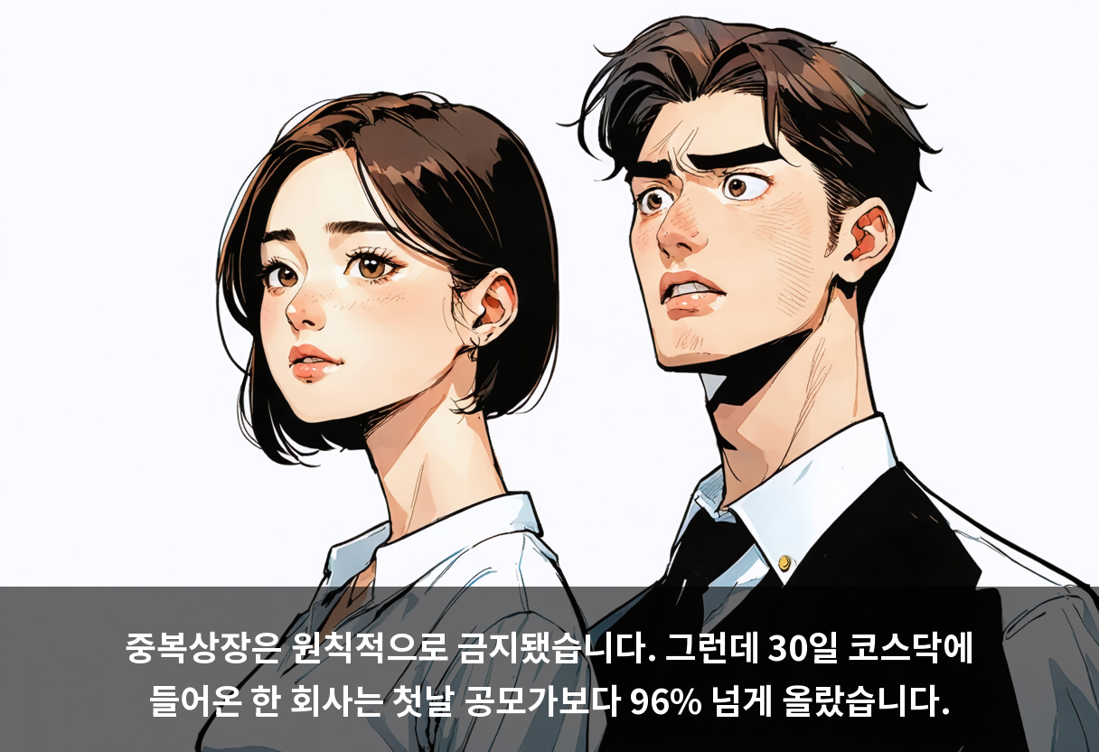 중복상장은 원칙적으로 금지됐습니다. 그런데 30일 코스닥에 들어온 한 회사는 첫날 공모가보다 96% 넘게 올랐습니다.