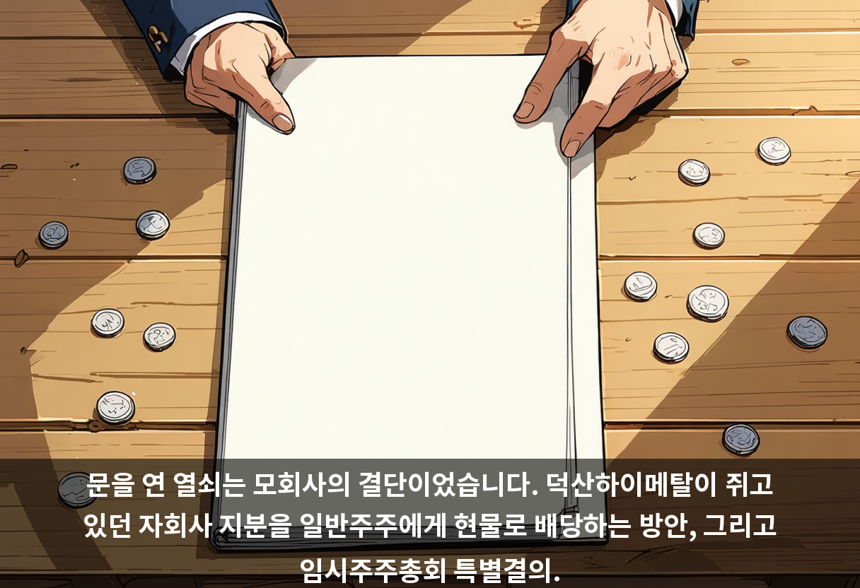 문을 연 열쇠는 모회사의 결단이었습니다. 덕산하이메탈이 쥐고 있던 자회사 지분을 일반주주에게 현물로 배당하는 방안, 그리고 임시주주총회 특별결의.