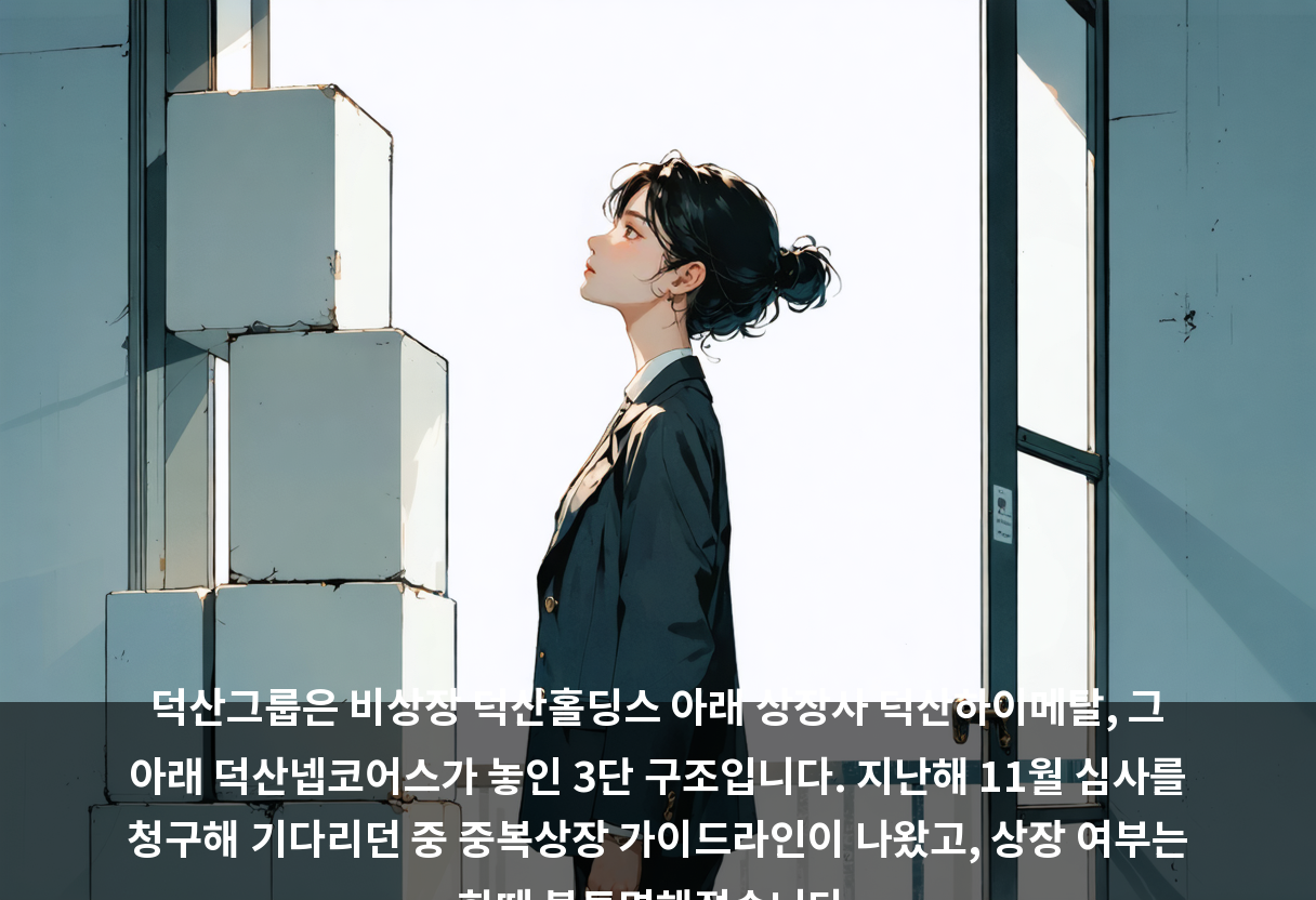 덕산그룹은 비상장 덕산홀딩스 아래 상장사 덕산하이메탈, 그 아래 덕산넵코어스가 놓인 3단 구조입니다. 지난해 11월 심사를 청구해 기다리던 중 중복상장 가이드라인이 나왔고, 상장 여부는 한때 불투명해졌습니다.