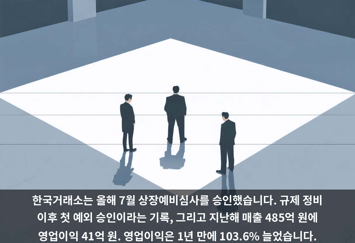 한국거래소는 올해 7월 상장예비심사를 승인했습니다. 규제 정비 이후 첫 예외 승인이라는 기록, 그리고 지난해 매출 485억 원에 영업이익 41억 원. 영업이익은 1년 만에 103.6% 늘었습니다.
