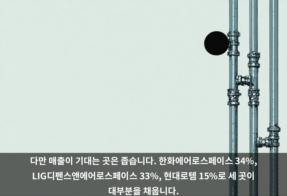 다만 매출이 기대는 곳은 좁습니다. 한화에어로스페이스 34%, LIG디펜스앤에어로스페이스 33%, 현대로템 15%로 세 곳이 대부분을 채웁니다.