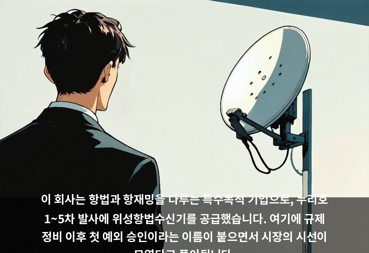 이 회사는 항법과 항재밍을 다루는 특수목적 기업으로, 누리호 1~5차 발사에 위성항법수신기를 공급했습니다. 여기에 규제 정비 이후 첫 예외 승인이라는 이름이 붙으면서 시장의 시선이 모였다고 풀이됩니다.