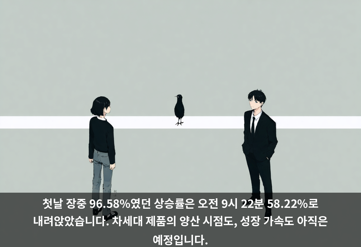 첫날 장중 96.58%였던 상승률은 오전 9시 22분 58.22%로 내려앉았습니다. 차세대 제품의 양산 시점도, 성장 가속도 아직은 예정입니다.