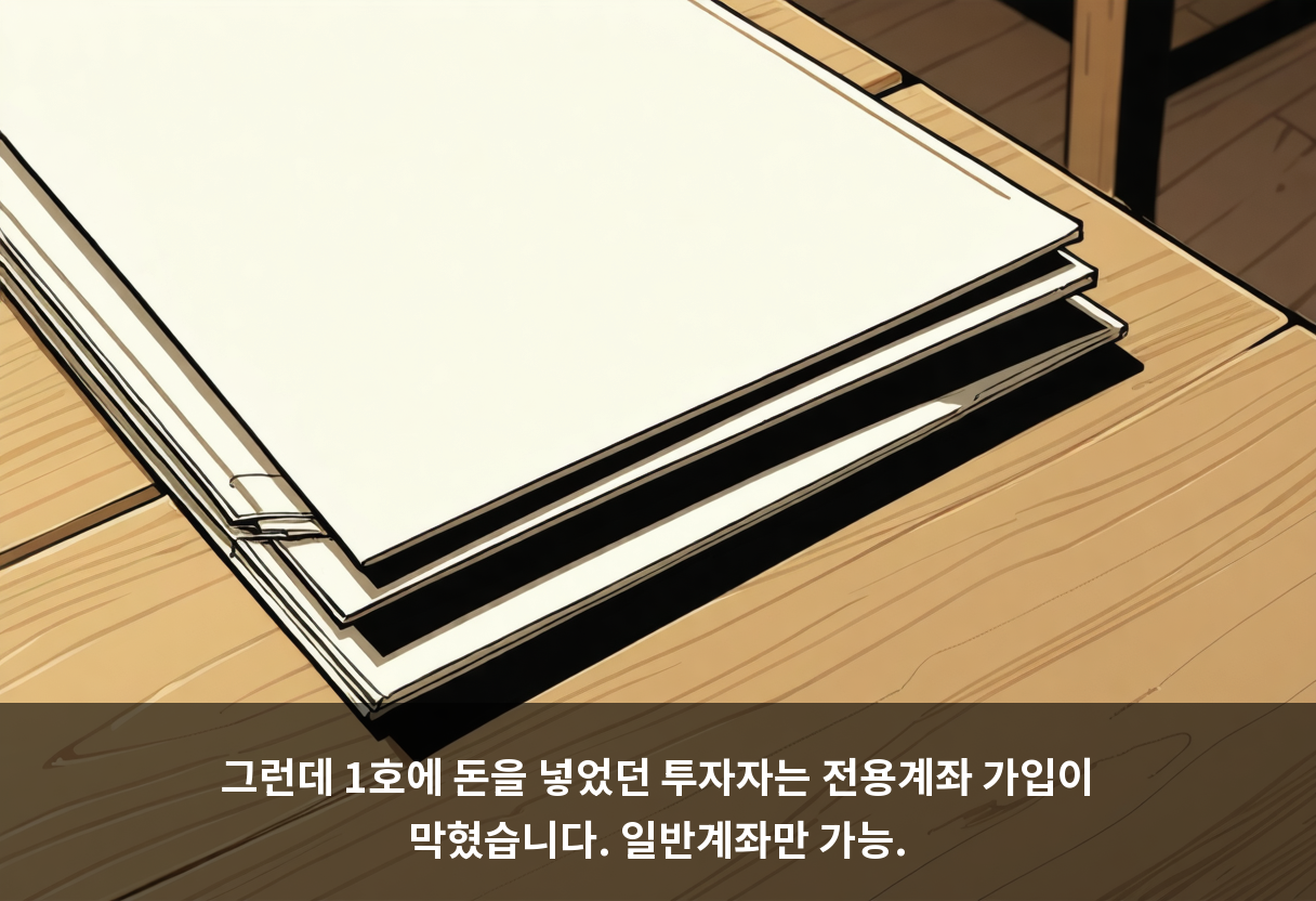 그런데 1호에 돈을 넣었던 투자자는 전용계좌 가입이 막혔습니다. 일반계좌만 가능.