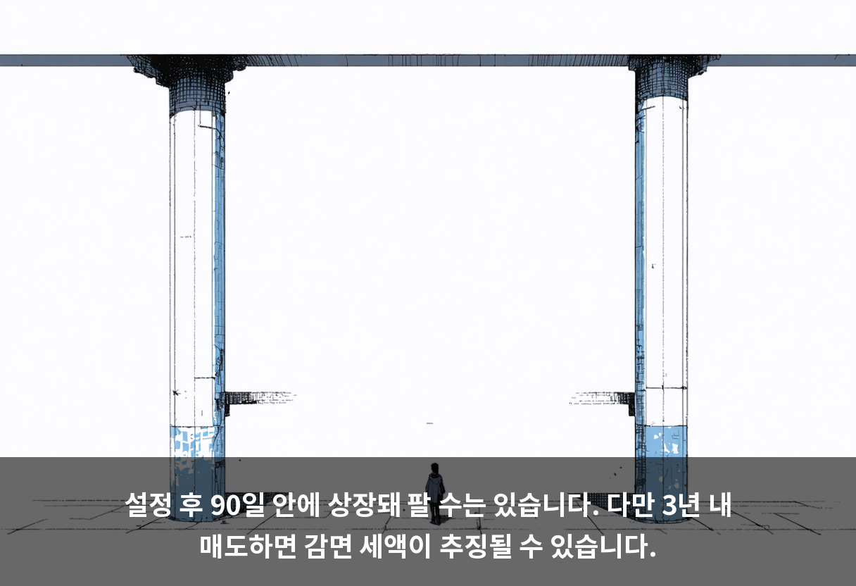 설정 후 90일 안에 상장돼 팔 수는 있습니다. 다만 3년 내 매도하면 감면 세액이 추징될 수 있습니다.