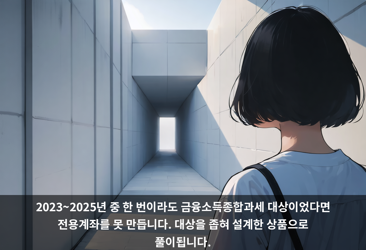 2023~2025년 중 한 번이라도 금융소득종합과세 대상이었다면 전용계좌를 못 만듭니다. 대상을 좁혀 설계한 상품으로 풀이됩니다.