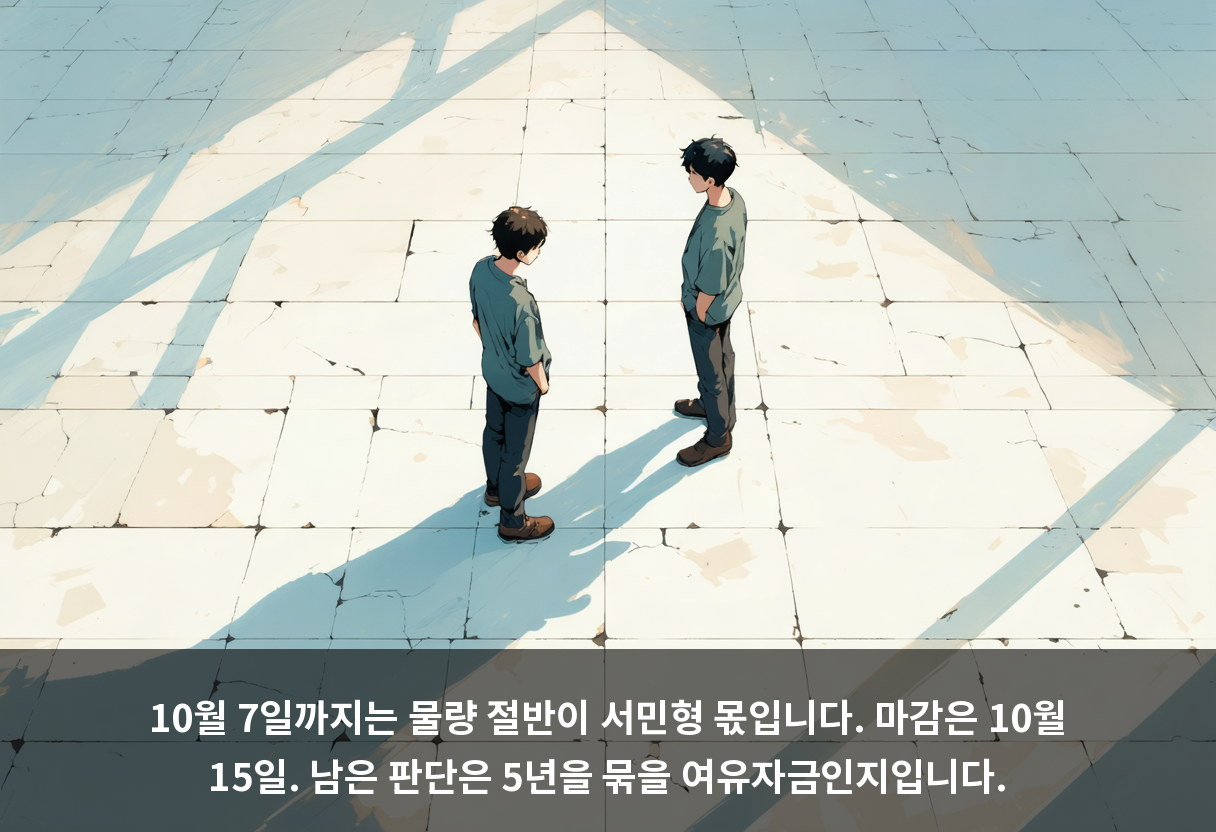 10월 7일까지는 물량 절반이 서민형 몫입니다. 마감은 10월 15일. 남은 판단은 5년을 묶을 여유자금인지입니다.