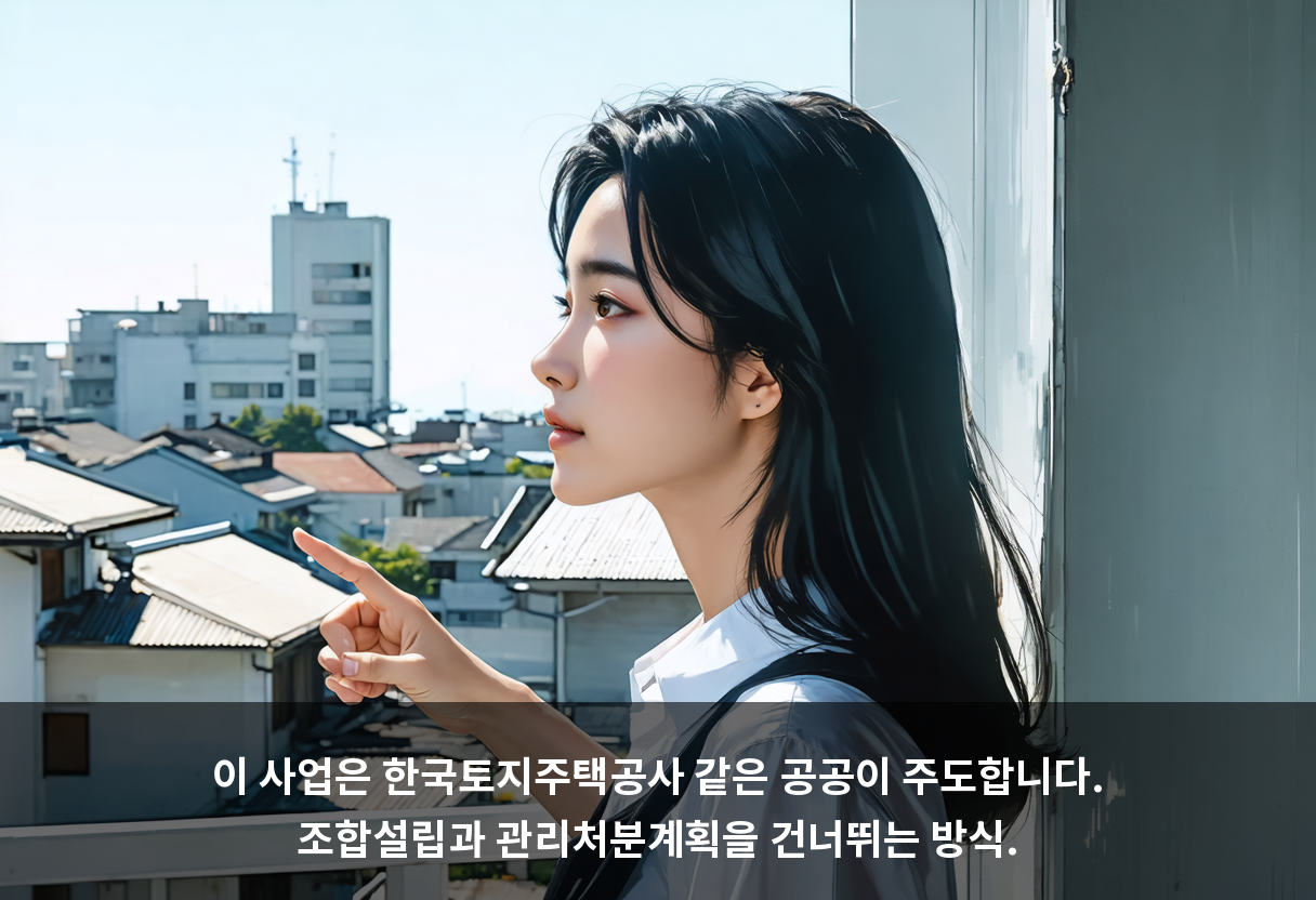 이 사업은 한국토지주택공사 같은 공공이 주도합니다. 조합설립과 관리처분계획을 건너뛰는 방식.