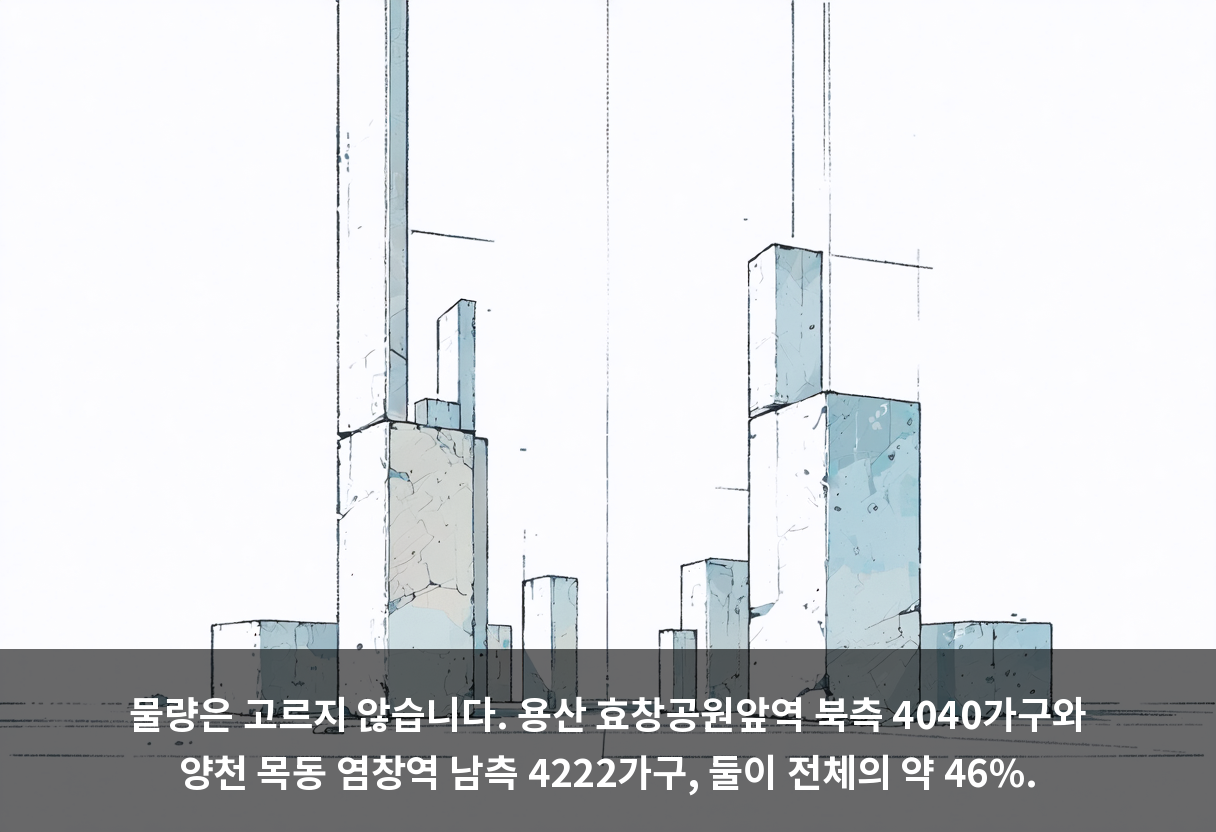 물량은 고르지 않습니다. 용산 효창공원앞역 북측 4040가구와 양천 목동 염창역 남측 4222가구, 둘이 전체의 약 46%.