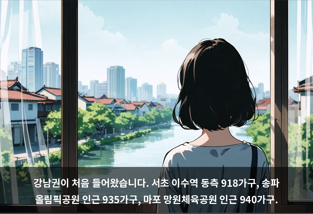 강남권이 처음 들어왔습니다. 서초 이수역 동측 918가구, 송파 올림픽공원 인근 935가구, 마포 망원체육공원 인근 940가구.