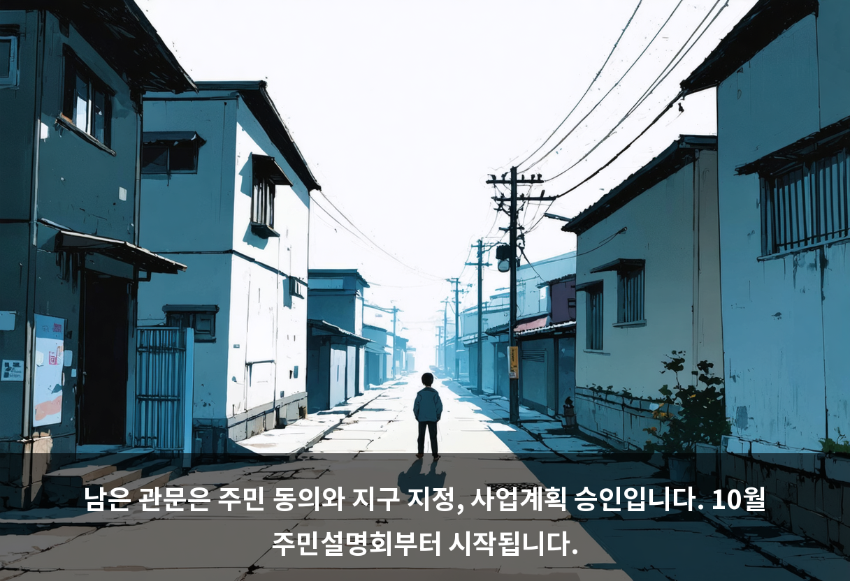 남은 관문은 주민 동의와 지구 지정, 사업계획 승인입니다. 10월 주민설명회부터 시작됩니다.