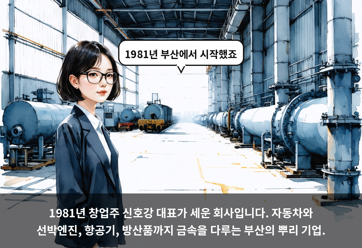 1981년 창업주 신호강 대표가 세운 회사입니다. 자동차와 선박엔진, 항공기, 방산품까지 금속을 다루는 부산의 뿌리 기업.
