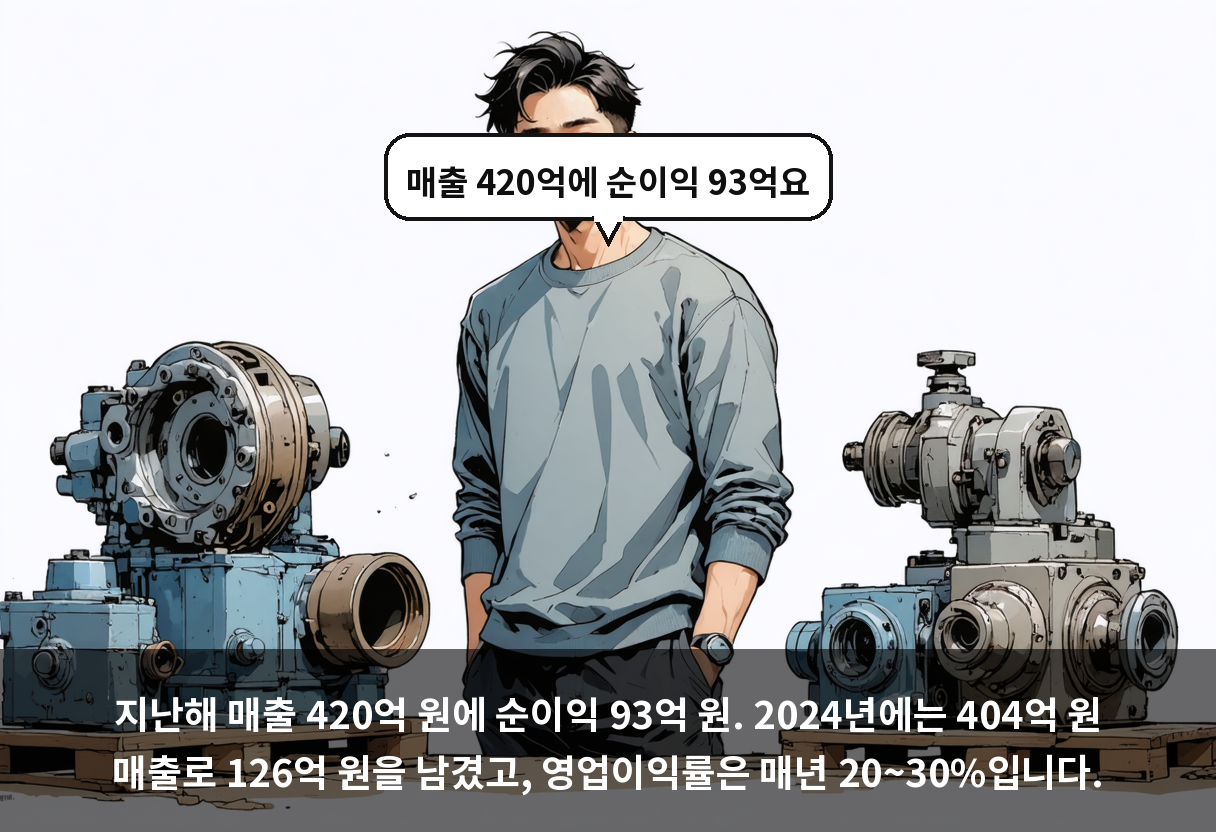 지난해 매출 420억 원에 순이익 93억 원. 2024년에는 404억 원 매출로 126억 원을 남겼고, 영업이익률은 매년 20~30%입니다.