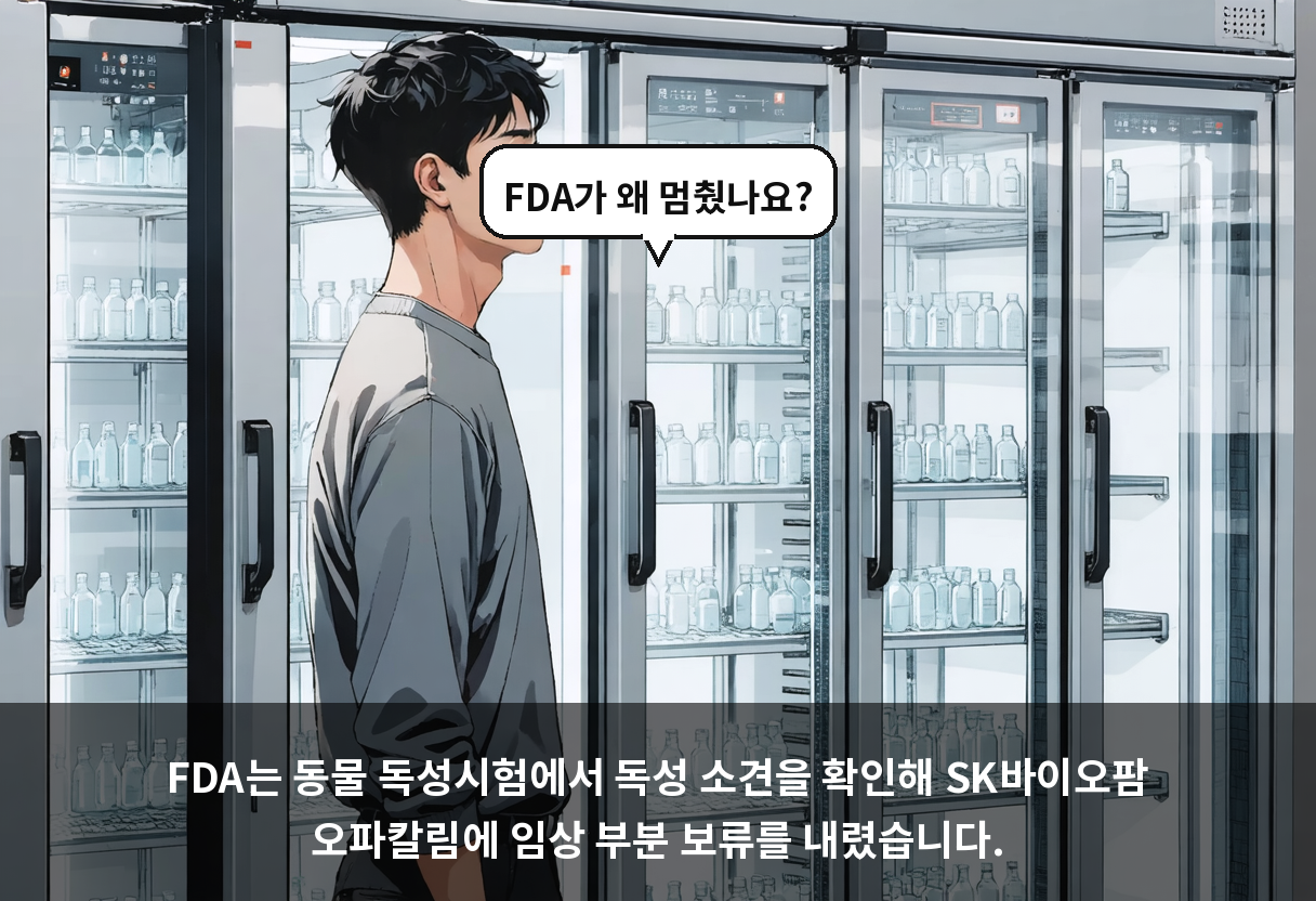FDA는 동물 독성시험에서 독성 소견을 확인해 SK바이오팜 오파칼림에 임상 부분 보류를 내렸습니다.