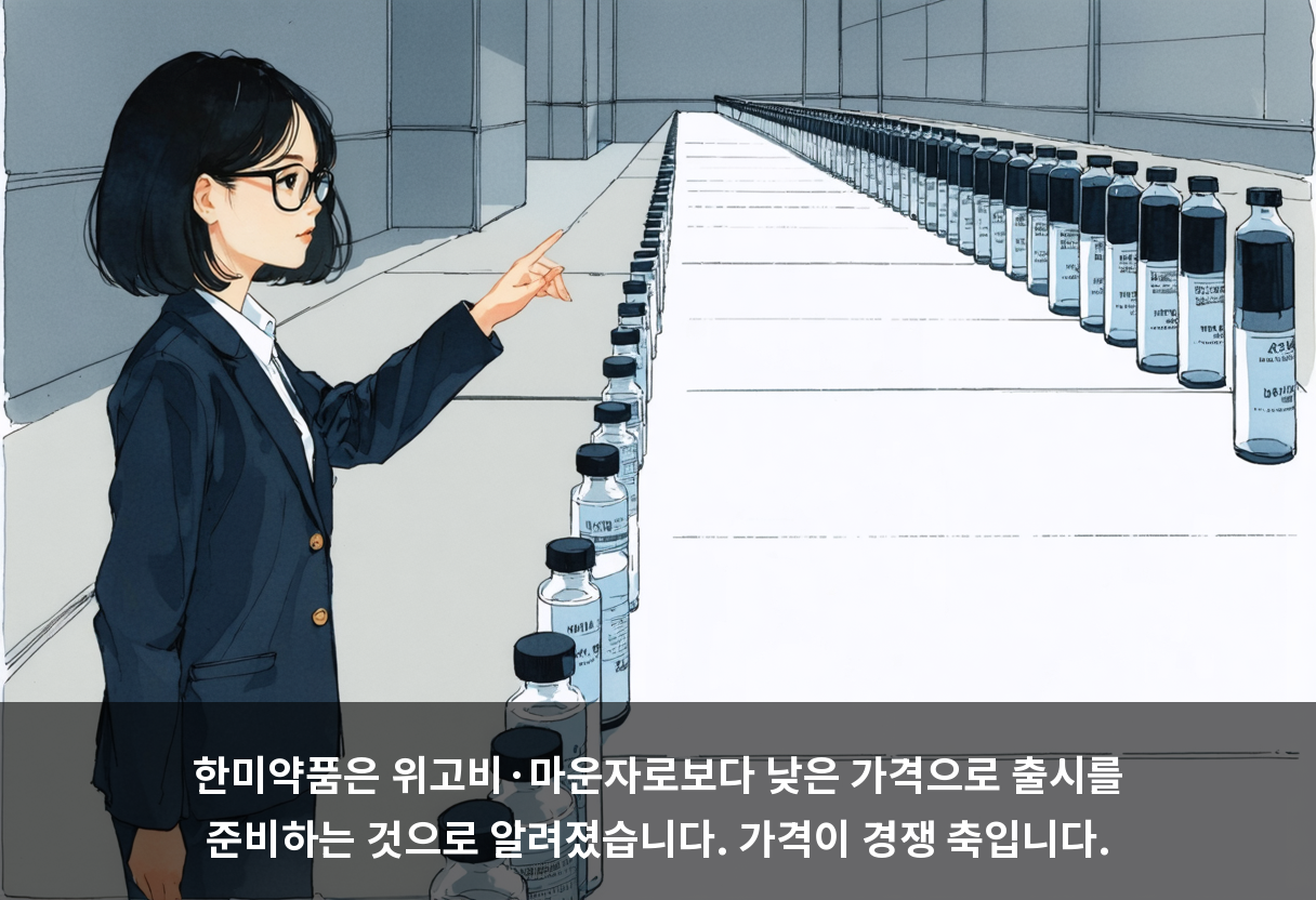 한미약품은 위고비·마운자로보다 낮은 가격으로 출시를 준비하는 것으로 알려졌습니다. 가격이 경쟁 축입니다.