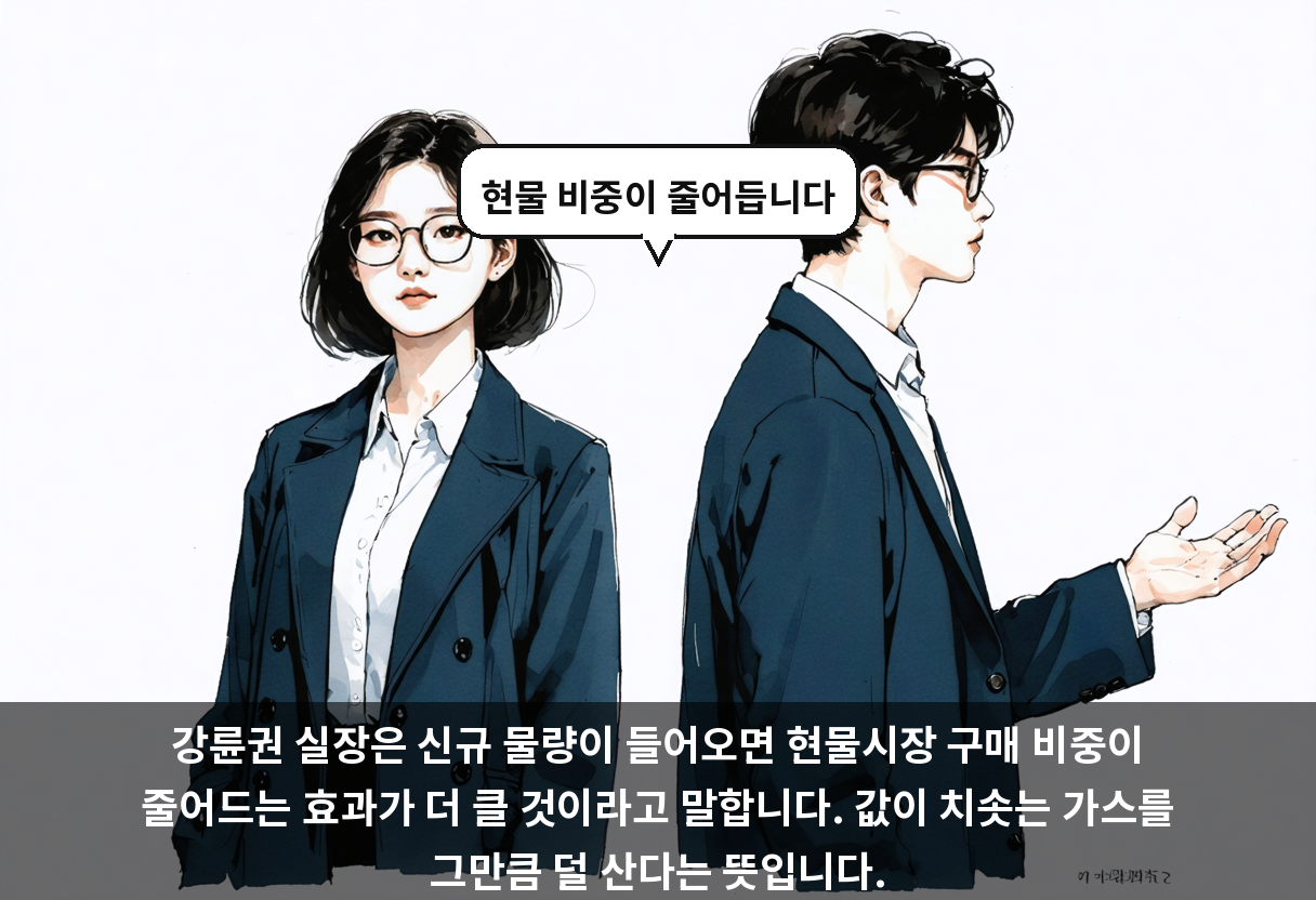 강륜권 실장은 신규 물량이 들어오면 현물시장 구매 비중이 줄어드는 효과가 더 클 것이라고 말합니다. 값이 치솟는 가스를 그만큼 덜 산다는 뜻입니다.