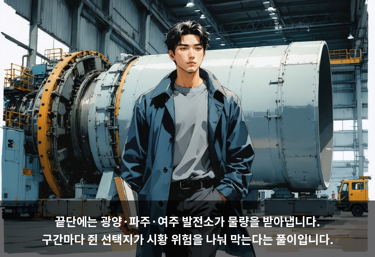 끝단에는 광양·파주·여주 발전소가 물량을 받아냅니다. 구간마다 쥔 선택지가 시황 위험을 나눠 막는다는 풀이입니다.