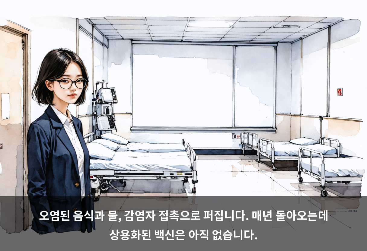오염된 음식과 물, 감염자 접촉으로 퍼집니다. 매년 돌아오는데 상용화된 백신은 아직 없습니다.