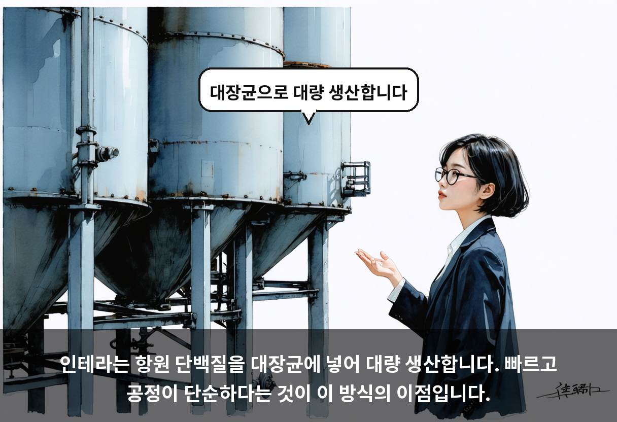 인테라는 항원 단백질을 대장균에 넣어 대량 생산합니다. 빠르고 공정이 단순하다는 것이 이 방식의 이점입니다.