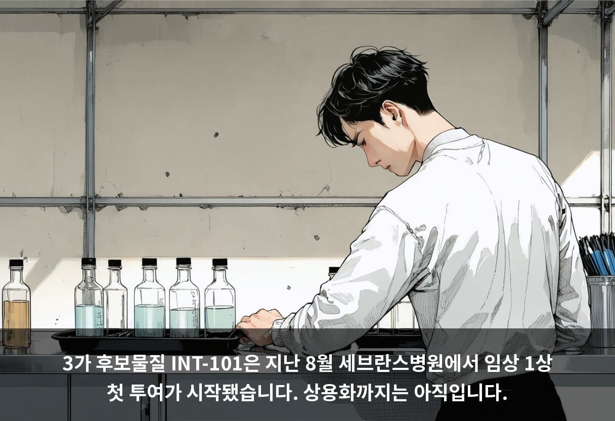 3가 후보물질 INT-101은 지난 8월 세브란스병원에서 임상 1상 첫 투여가 시작됐습니다. 상용화까지는 아직입니다.