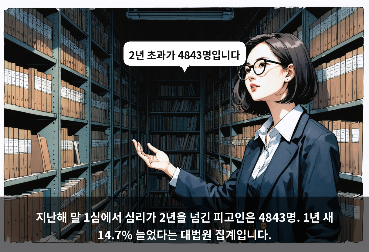 지난해 말 1심에서 심리가 2년을 넘긴 피고인은 4843명. 1년 새 14.7% 늘었다는 대법원 집계입니다.