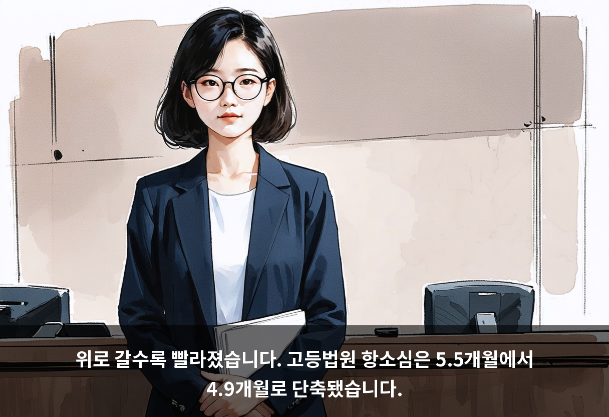 위로 갈수록 빨라졌습니다. 고등법원 항소심은 5.5개월에서 4.9개월로 단축됐습니다.