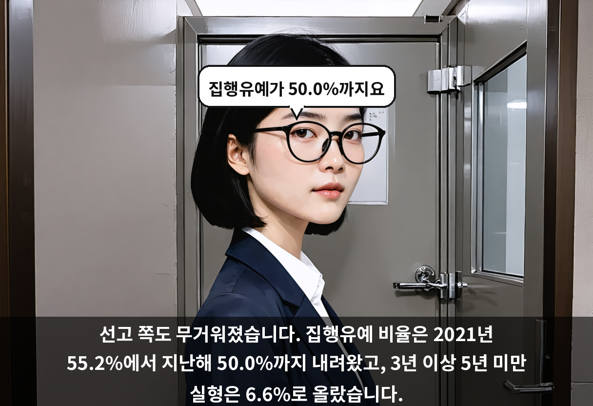 선고 쪽도 무거워졌습니다. 집행유예 비율은 2021년 55.2%에서 지난해 50.0%까지 내려왔고, 3년 이상 5년 미만 실형은 6.6%로 올랐습니다.