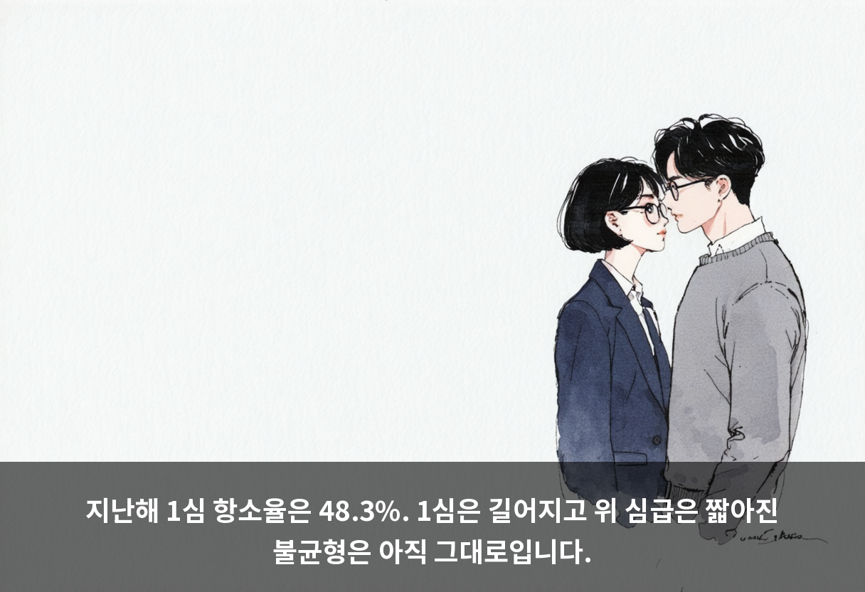 지난해 1심 항소율은 48.3%. 1심은 길어지고 위 심급은 짧아진 불균형은 아직 그대로입니다.