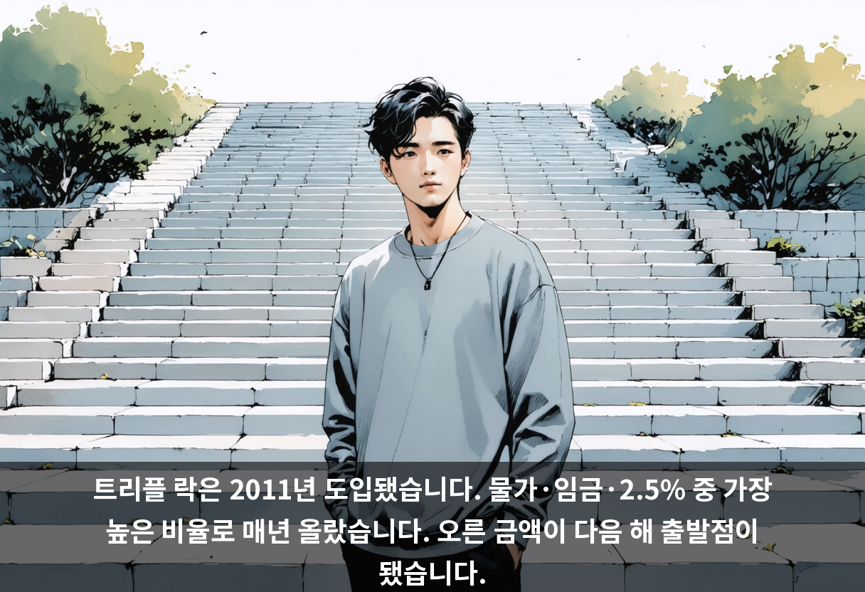 트리플 락은 2011년 도입됐습니다. 물가·임금·2.5% 중 가장 높은 비율로 매년 올랐습니다. 오른 금액이 다음 해 출발점이 됐습니다.