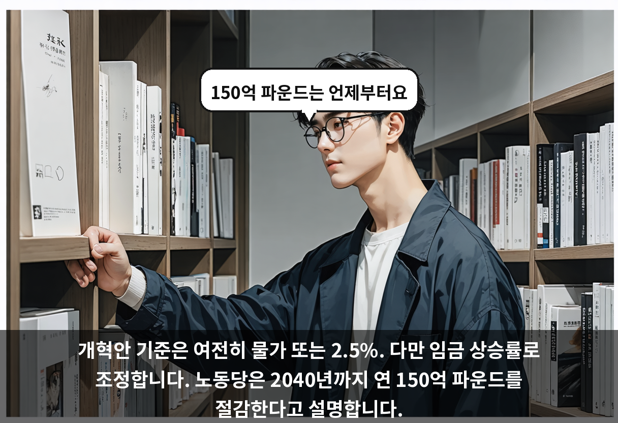 개혁안 기준은 여전히 물가 또는 2.5%. 다만 임금 상승률로 조정합니다. 노동당은 2040년까지 연 150억 파운드를 절감한다고 설명합니다.