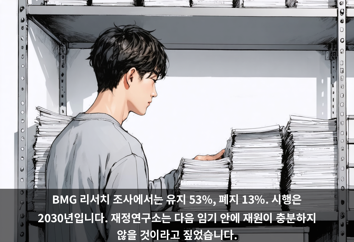 BMG 리서치 조사에서는 유지 53%, 폐지 13%. 시행은 2030년입니다. 재정연구소는 다음 임기 안에 재원이 충분하지 않을 것이라고 짚었습니다.