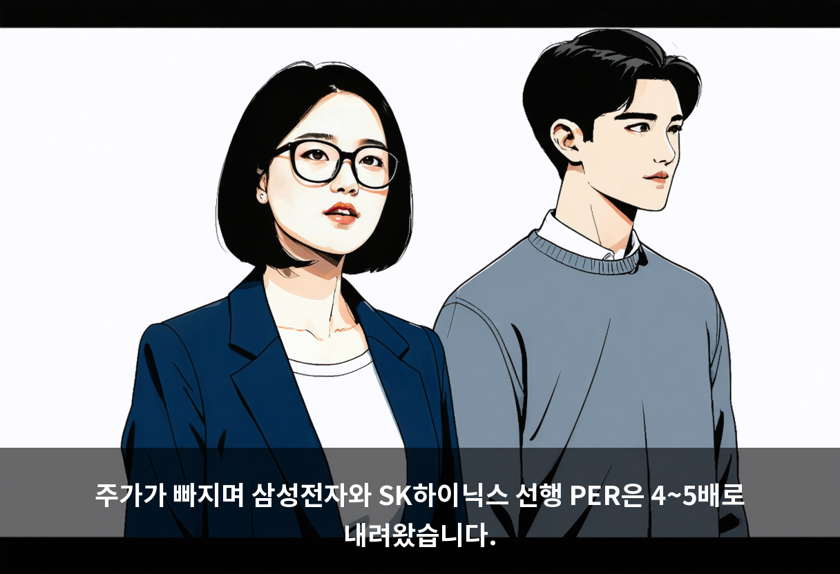 주가가 빠지며 삼성전자와 SK하이닉스 선행 PER은 4~5배로 내려왔습니다.