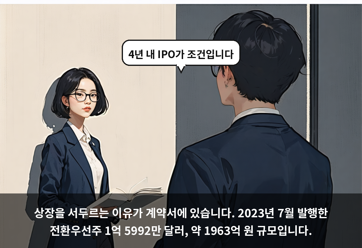 상장을 서두르는 이유가 계약서에 있습니다. 2023년 7월 발행한 전환우선주 1억 5992만 달러, 약 1963억 원 규모입니다.