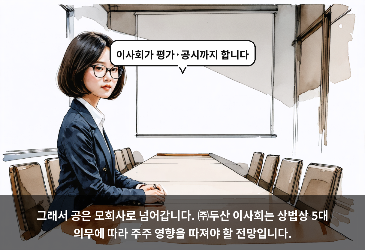 그래서 공은 모회사로 넘어갑니다. ㈜두산 이사회는 상법상 5대 의무에 따라 주주 영향을 따져야 할 전망입니다.