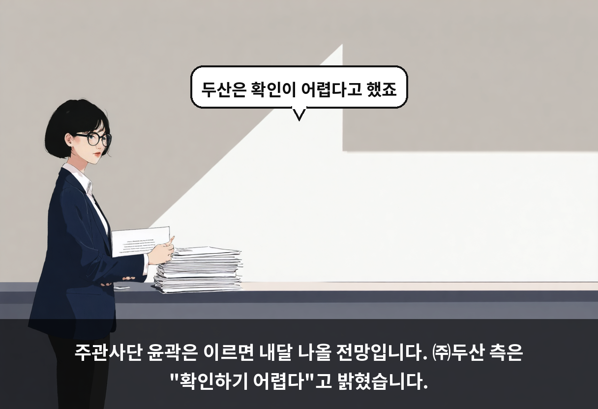 주관사단 윤곽은 이르면 내달 나올 전망입니다. ㈜두산 측은 "확인하기 어렵다"고 밝혔습니다.