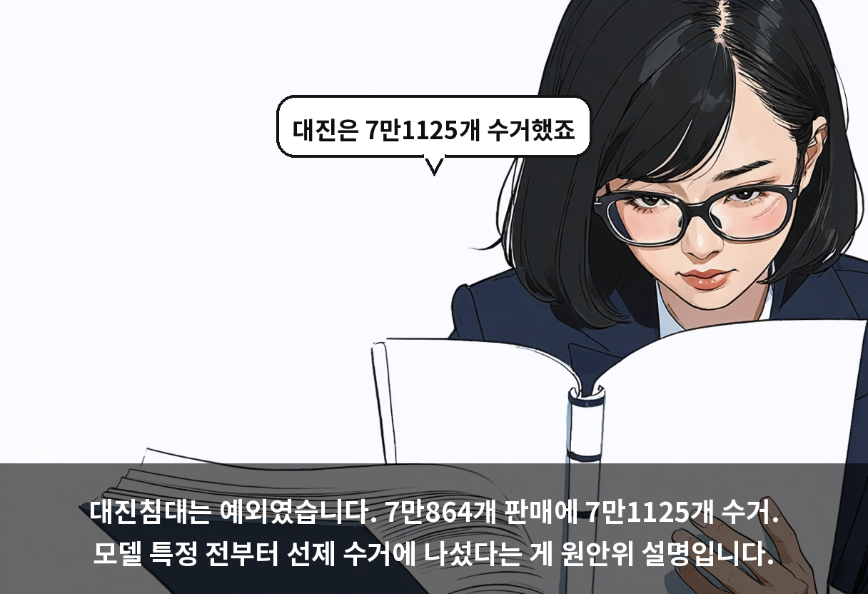 대진침대는 예외였습니다. 7만864개 판매에 7만1125개 수거. 모델 특정 전부터 선제 수거에 나섰다는 게 원안위 설명입니다.