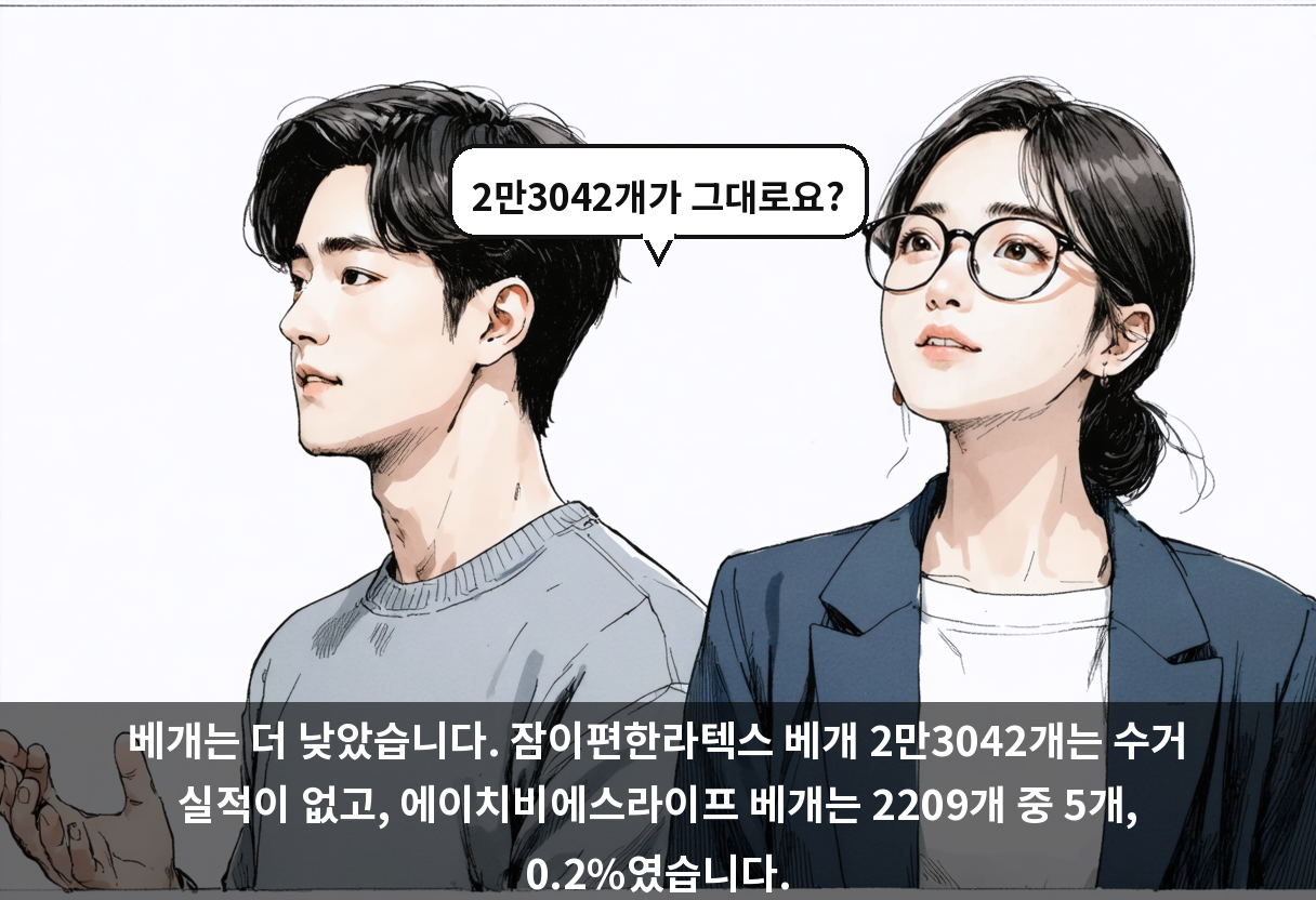 베개는 더 낮았습니다. 잠이편한라텍스 베개 2만3042개는 수거 실적이 없고, 에이치비에스라이프 베개는 2209개 중 5개, 0.2%였습니다.