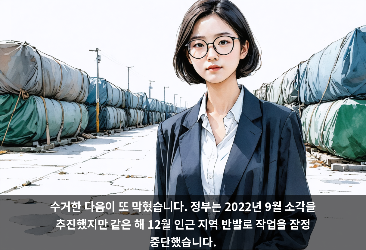 수거한 다음이 또 막혔습니다. 정부는 2022년 9월 소각을 추진했지만 같은 해 12월 인근 지역 반발로 작업을 잠정 중단했습니다.
