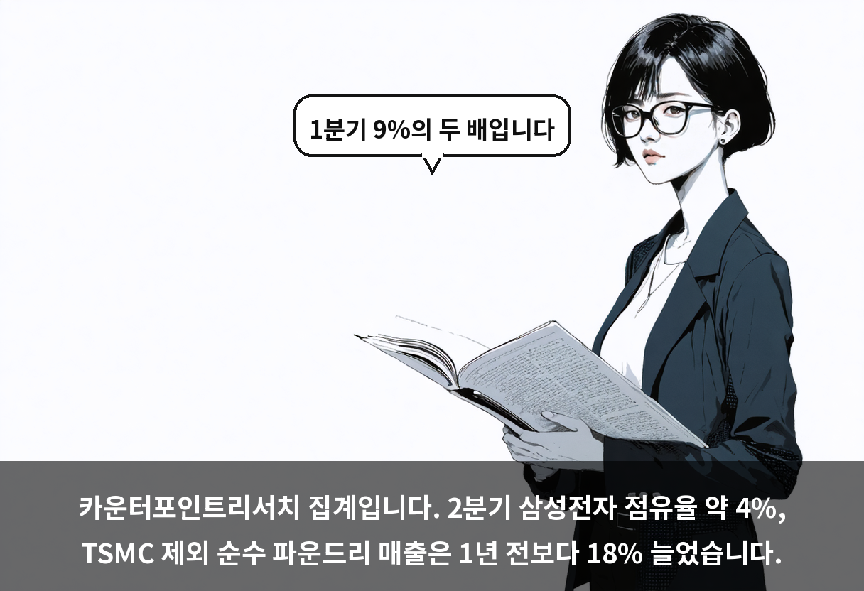 카운터포인트리서치 집계입니다. 2분기 삼성전자 점유율 약 4%, TSMC 제외 순수 파운드리 매출은 1년 전보다 18% 늘었습니다.