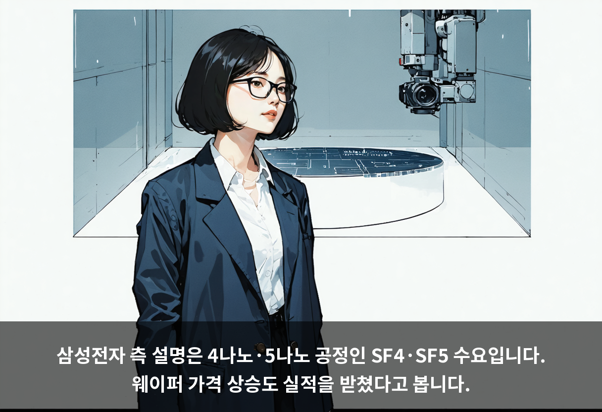 삼성전자 측 설명은 4나노·5나노 공정인 SF4·SF5 수요입니다. 웨이퍼 가격 상승도 실적을 받쳤다고 봅니다.