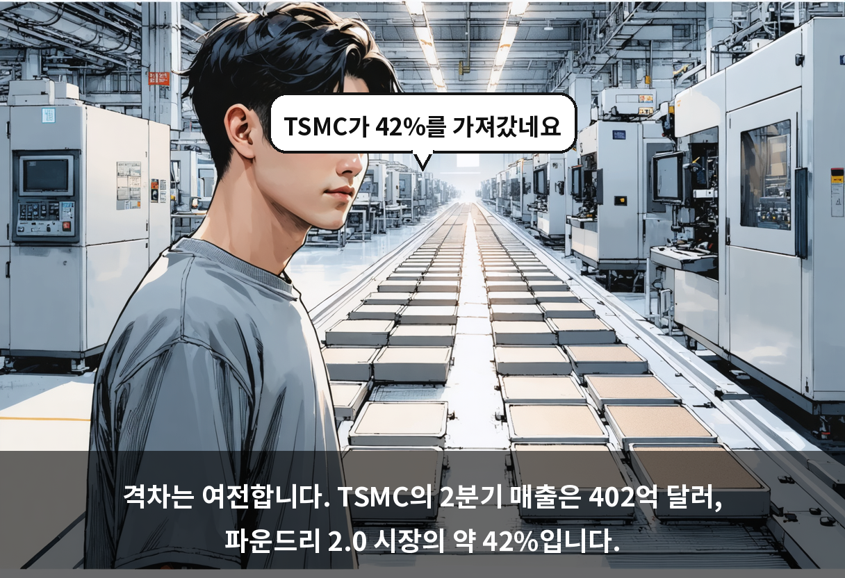 격차는 여전합니다. TSMC의 2분기 매출은 402억 달러, 파운드리 2.0 시장의 약 42%입니다.