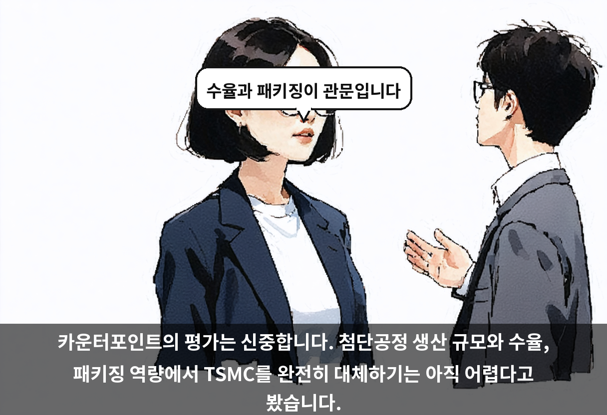 카운터포인트의 평가는 신중합니다. 첨단공정 생산 규모와 수율, 패키징 역량에서 TSMC를 완전히 대체하기는 아직 어렵다고 봤습니다.