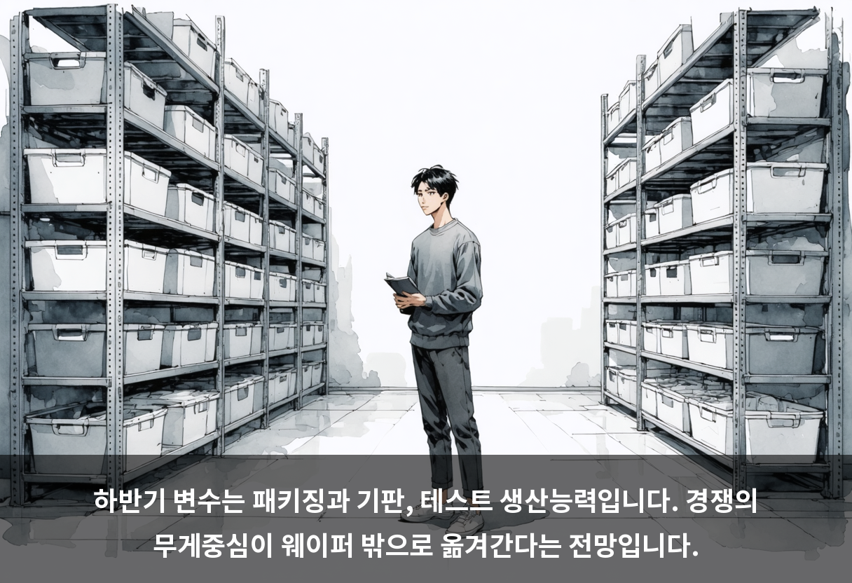 하반기 변수는 패키징과 기판, 테스트 생산능력입니다. 경쟁의 무게중심이 웨이퍼 밖으로 옮겨간다는 전망입니다.